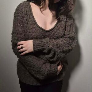 Free People Shabby Chic Earthy Cottage Brown Forest Garden Chunky Knit Sweater